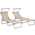 Set of 2 Foldable Sun Loungers With Adjustable Backrest and Sun Shade For Garden or Beach