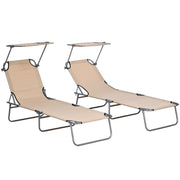 Set of 2 Foldable Sun Loungers With Adjustable Backrest and Sun Shade For Garden or Beach