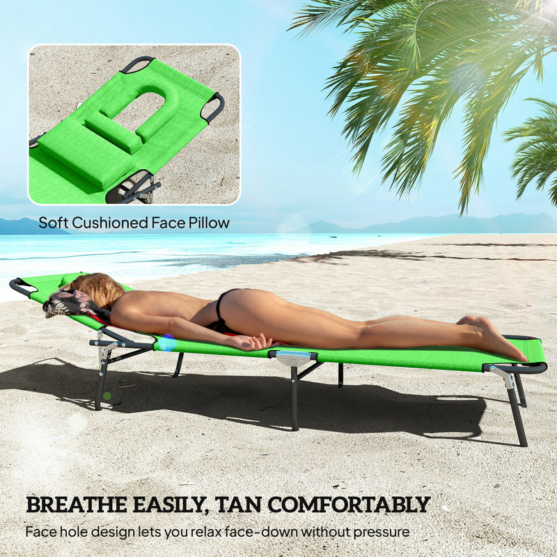 Green Folding Sun Lounger Set of 2 with Face Hole and Adjustable Backrest for Garden