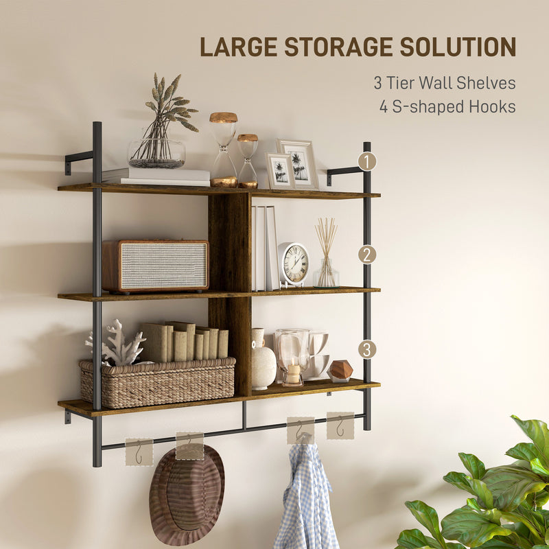 Three Tier Floating Wall Shelf Brown and Black Wood Finish by HOMCOM