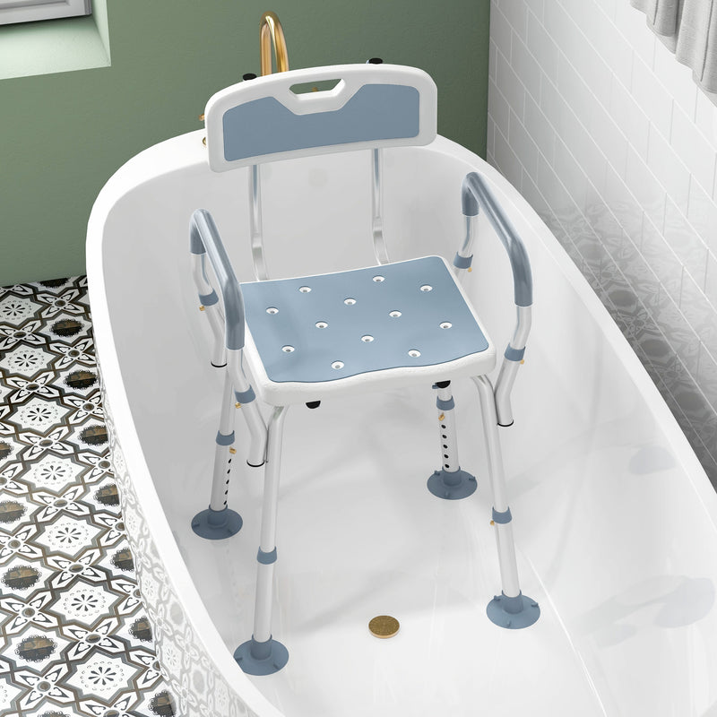 Height Adjustable Shower Chair with Backrest and Arms for Elderly Support Light Blue