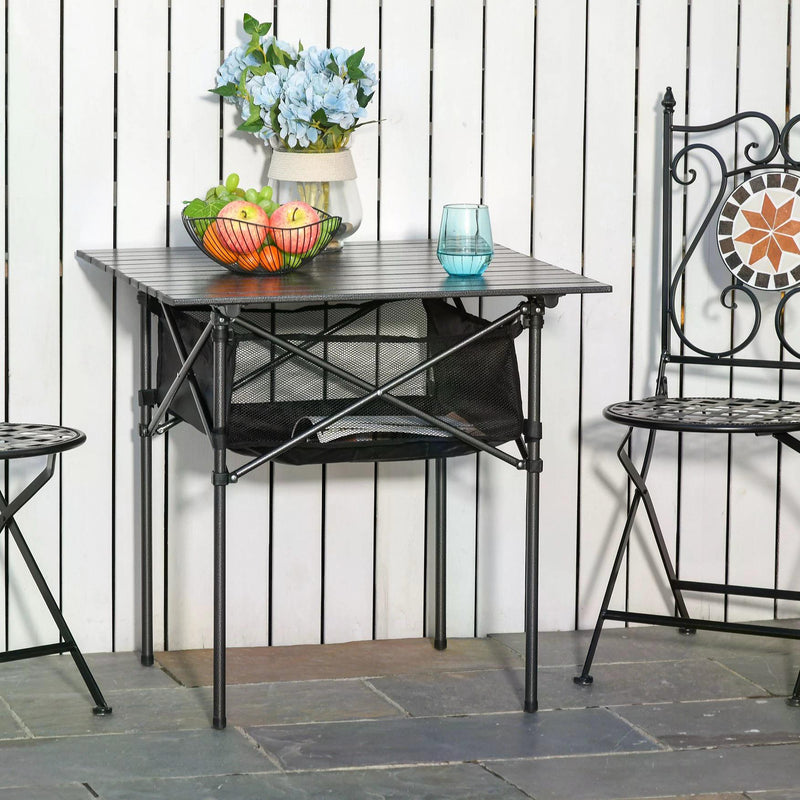 Folding Garden Table with Mesh Storage Basket for Outdoor Dining and Picnics Black