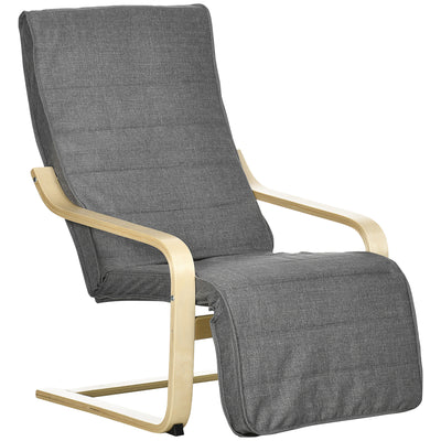 Wooden Reclining Lounger Chair with Adjustable Footrest and Removable Cushion, Dark Grey