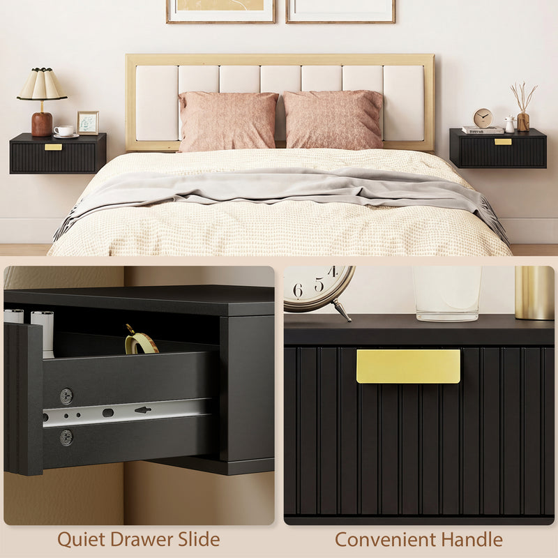 Floating Wall Mounted Bedside Table Set of 2 with Drawer for Clutter Free Bedroom Black AOSOM