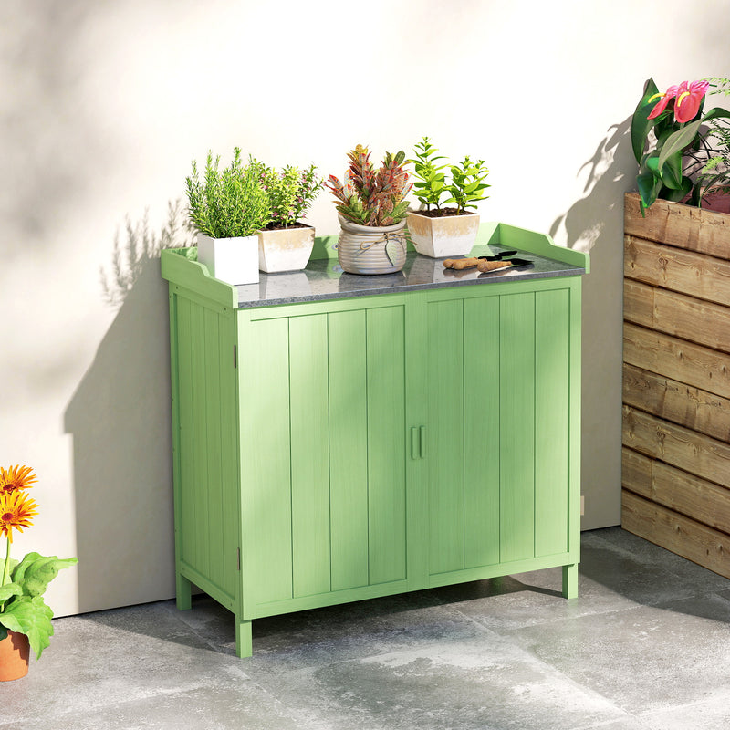 Wooden Garden Storage Cabinet With Galvanised Worktop and Shelves for Outdoor Tools Green Outsunny