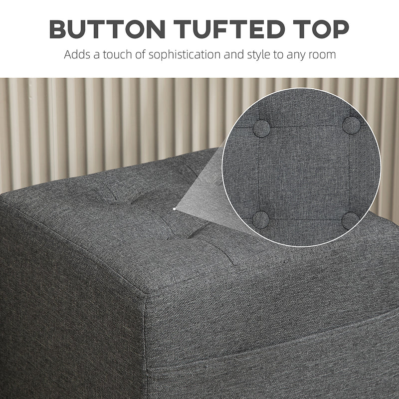 Grey Square Linen Footstool With Side Pocket and Wooden Legs by HOMCOM