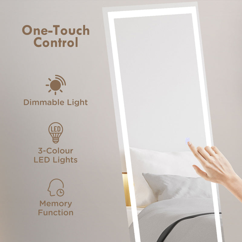 Full Length LED Dressing Mirror with Dimmable 3 Tone Lighting for Bedroom, White