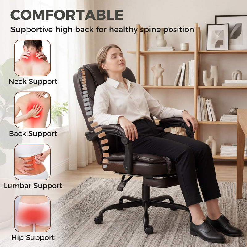 Office Chair with Reclining Back and Pull Out Footrest for All Day Comfort Brown Homcom