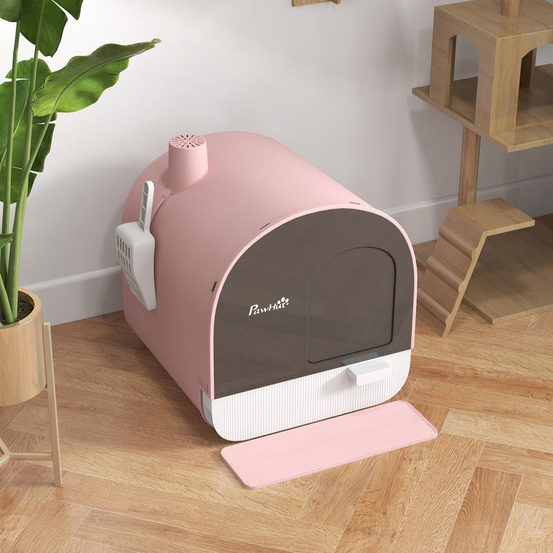Covered Cat Litter Box with Scoop Filter and Flap Door for Odour Control, Pink