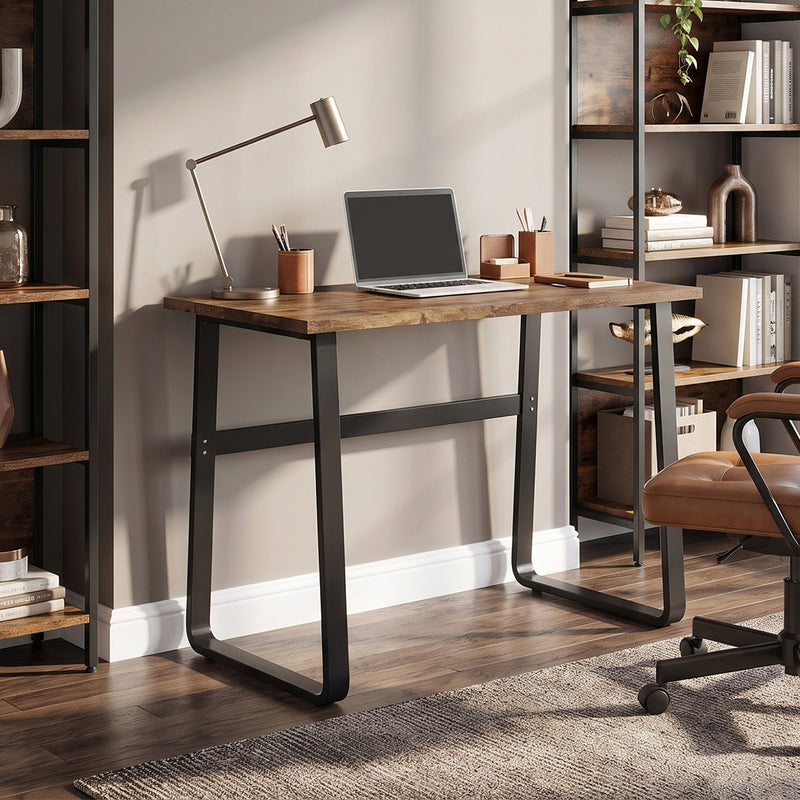 Home Office Desk with Spacious Tabletop and Sturdy Steel Legs for Study or Work Brown Black