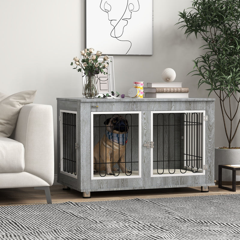 Dog Crate Side Table for Medium and Large Dogs with Cushioned Base and Lockable Doors Grey