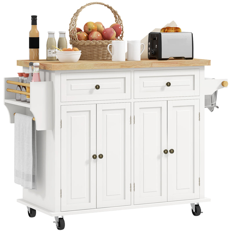Cream White Rolling Kitchen Island Trolley with Rubber Wood Top and Storage by HOMCOM