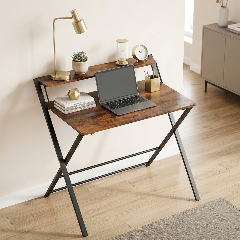 Folding Desk with Upper Shelf for Small Spaces and Easy Storage Rustic Brown AOSOM
