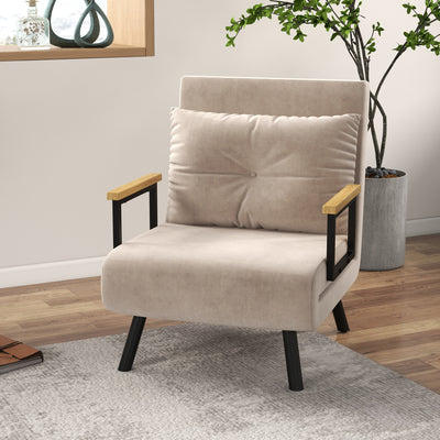 4 in 1 Single Sofa Bed Chair with Pillow Converts to Lounger for Guests Beige