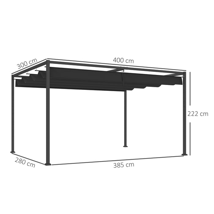 Black 4m x 3m Metal Pergola with Retractable Canopy Roof by Outsunny