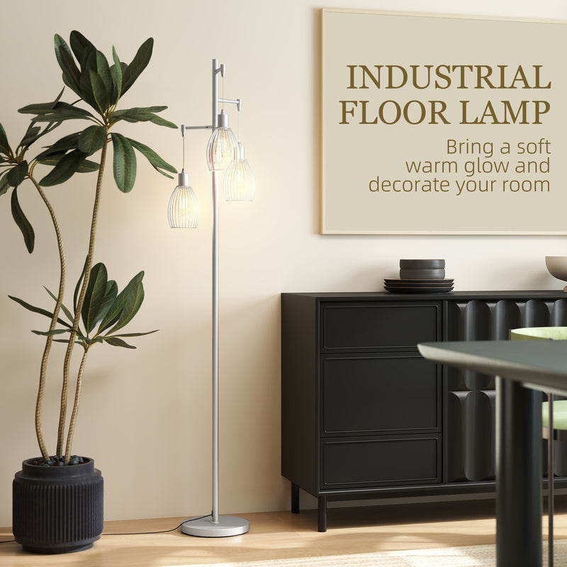 Silver 3 Light Industrial Floor Lamp 170cm Dimmable Steel Shades for Lounge or Bedroom by HOMCOM