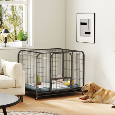 Large Dog Crate with Heavy Duty Steel Frame and Lockable Wheels for Secure Home Use Black Pawhut