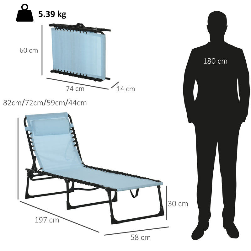 Baby Blue Folding Sun Lounger with 4 Position Reclining Backrest for Camping or Garden