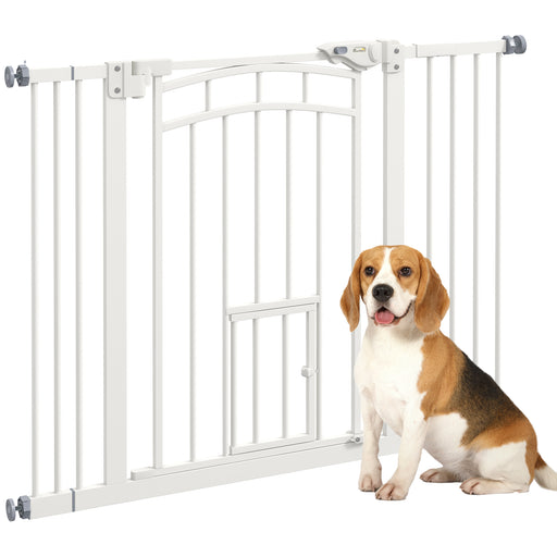 Pressure Fit Stair Dog Gate with Cat Door and Auto Close for 74 to 100 cm Openings White