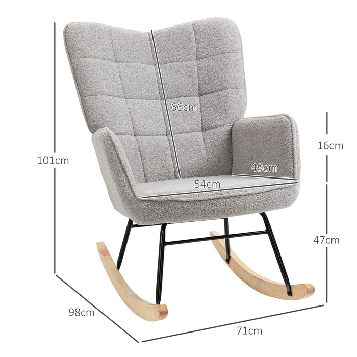 Wingback Nursery Rocking Chair With Berber Fleece Ideal for Nursing and Relaxing Light Grey