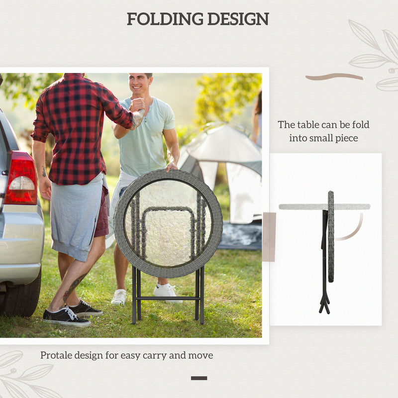 Folding Round Garden Table with Tempered Glass Top and Grey Rattan Edging by Outsunny
