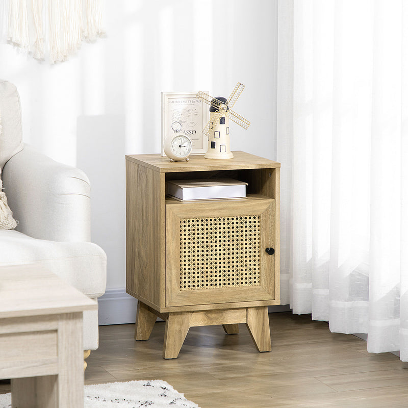 Slim Rattan Nightstand Side Table With Storage Shelf And Cupboard For Bedroom Natural