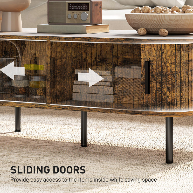 Wooden Coffee Table With Sliding Tambour Doors And Storage Shelf For Living Room Rustic Brown