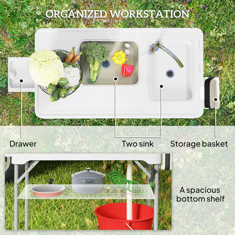 Folding Outdoor Fish Cleaning Table with Dual Sinks and Storage for Camping White
