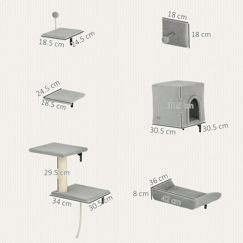 Grey 6 Piece Cat Wall Shelves Set with Bed Scratching Post and Toy Ball by PawHut