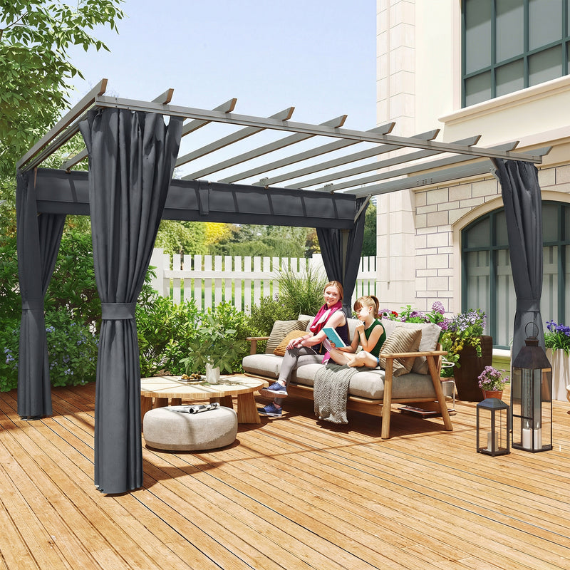 3.6 x 3m Metal Garden Pergola with Retractable Canopy and Curtains for Shaded Outdoor Dining, Dark Grey