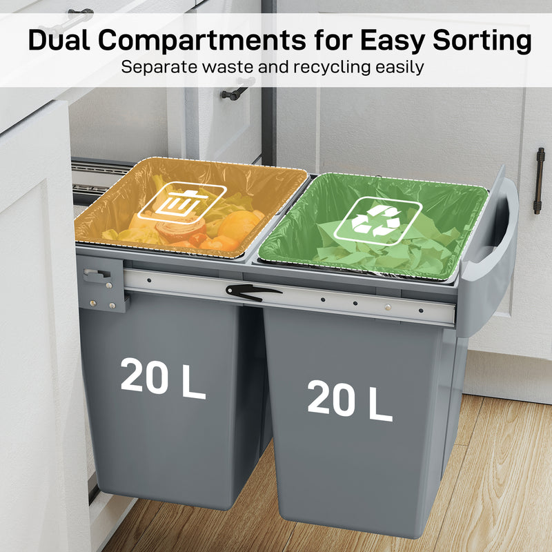 Pull Out Under Sink Kitchen Bin with Dual Compartments for Easy Waste and Recycling Grey