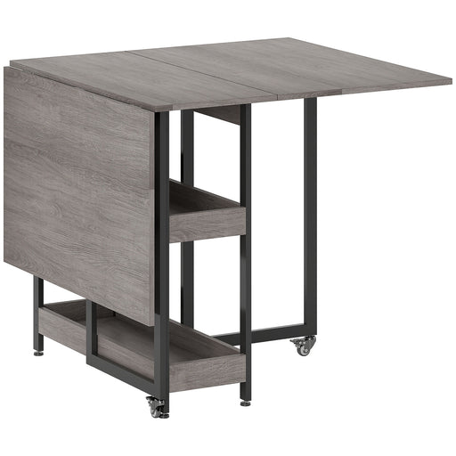 Grey Industrial Folding Dining Table with Drop Leaf and Storage Shelves for Small Spaces