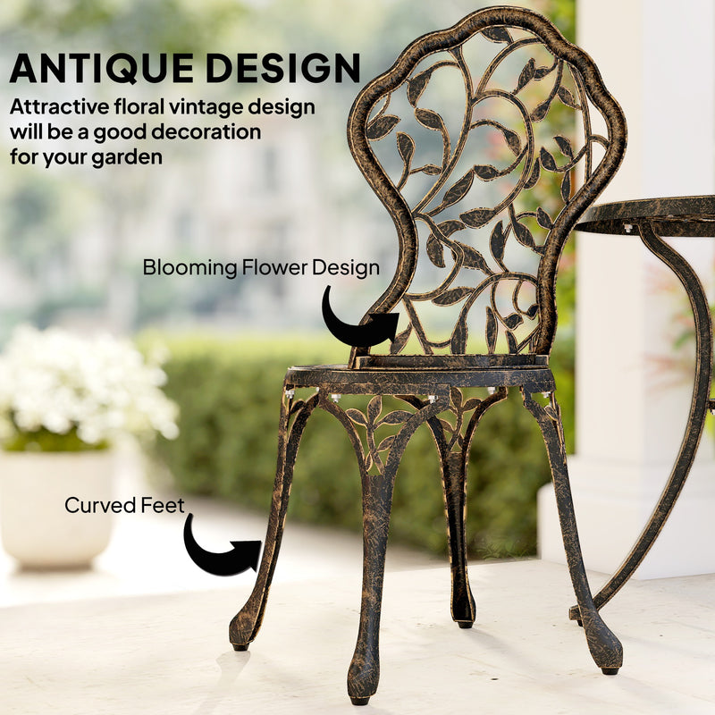 Aluminium Garden Bistro Set for Small Patios and Balconies with Leaf Design, Brown