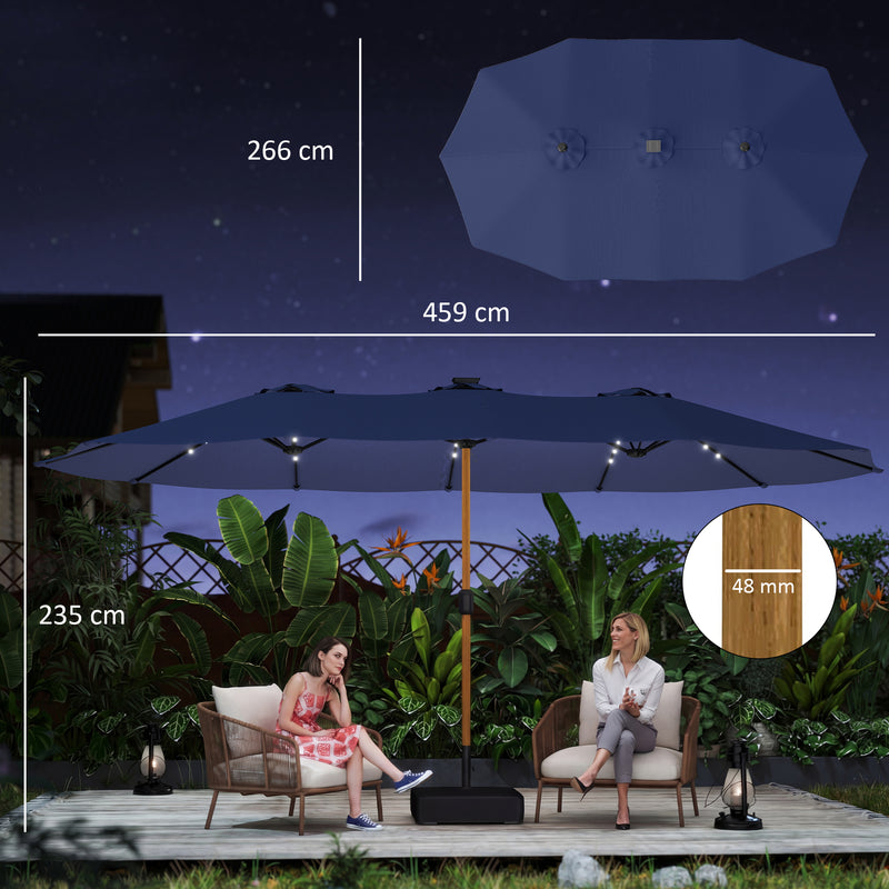 Double Garden Parasol with Extra-Large Canopy and Lights for Shaded Outdoor Dining. Navy Blue