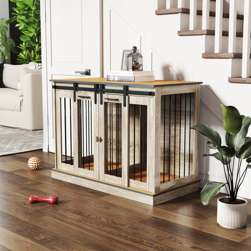 Wooden Dog Crate Furniture With Sliding Doors, Oak Tone | Opal Retail