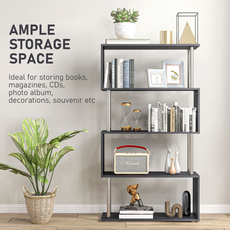 Black 5 Tier S Shape Bookcase Modern Freestanding Shelf For Home Office Or Living Room