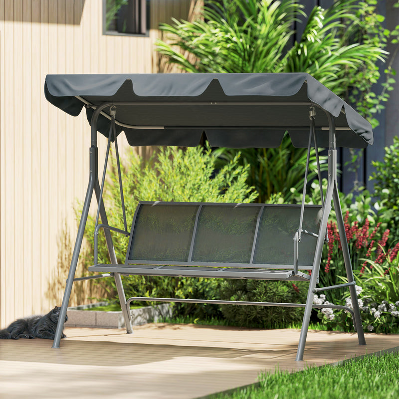 Patio Swing - 3 Seater Garden Swing Chair With Adjustable Canopy And Mesh Seat For Patio, Dark Grey