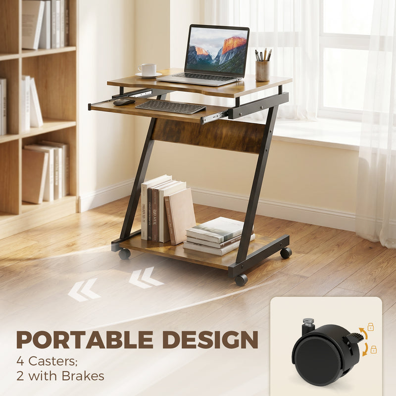 Compact Rolling Desk with Keyboard Tray and Storage Shelf for Small Spaces Rustic Brown