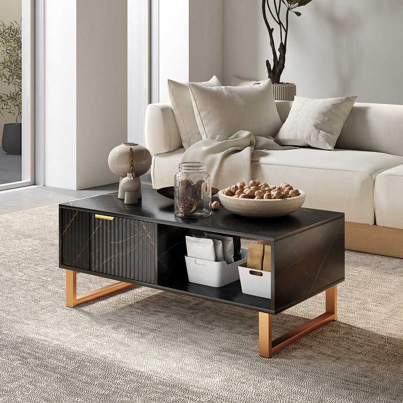 Black Marble Effect Storage Coffee Table with Open Shelf and Modern Design by HOMCOM