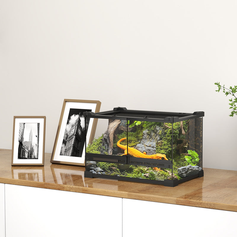 Reptile Glass Terrarium with Front Ventilation and Secure Lock for Small Pets Black