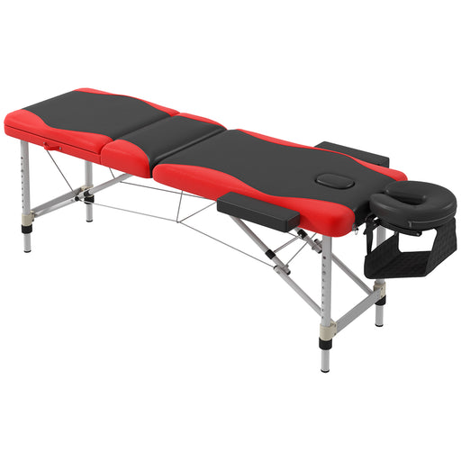 Portable 3 Section Aluminium Massage Table With Headrest and Carry Bag For Salons, Black and Red