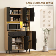 Tall Kitchen Storage Cabinet with LED Lighting and Adjustable Shelves, Oak and Black