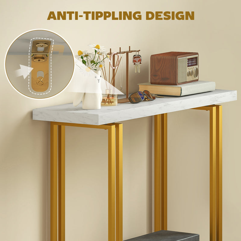 Narrow Console Table with Faux Marble Top and Anti Tip Design for Hallways White