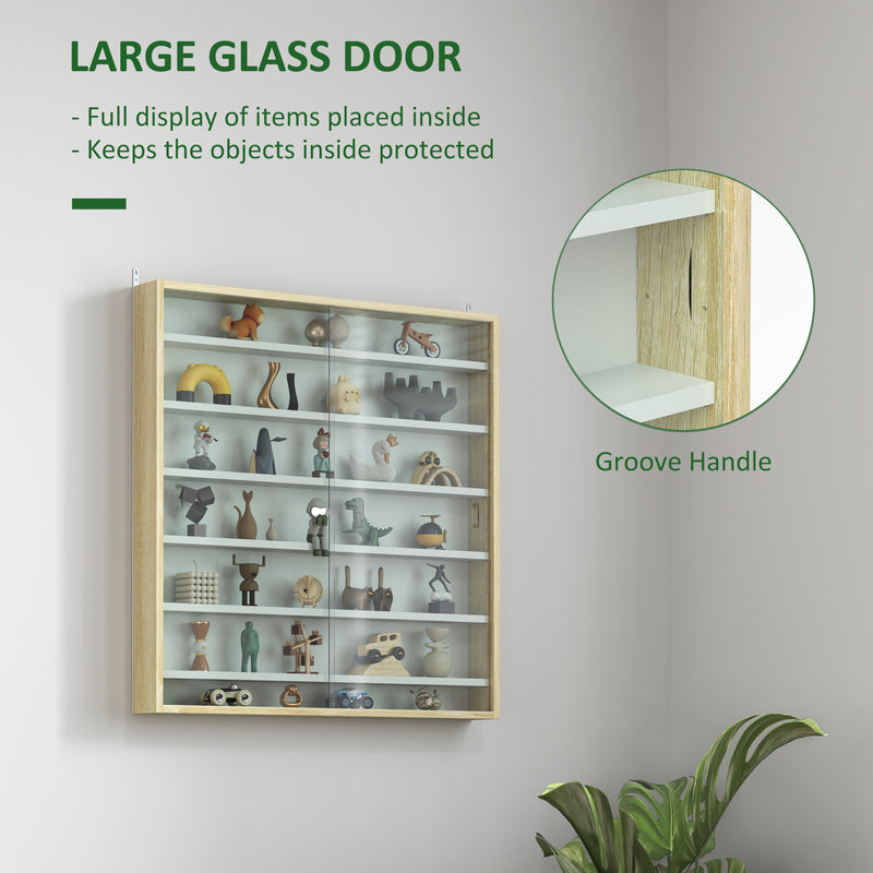 7 Tier Wall Display Cabinet with Glass Doors and Adjustable Shelves Oak by HOMCOM