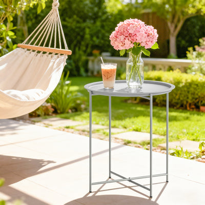 Folding Garden Side Table with Removable Tray for Easy Outdoor Serving White Outsunny