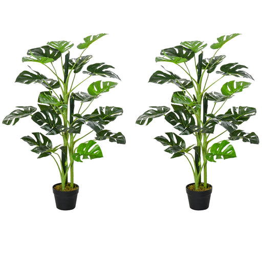 Artificial Monstera Cheese Plant Tree Set of 2 With 21 Leaves for Home or Garden Green