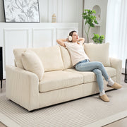 3 Seater Corduroy Sofa with Spring Cushion and Scatter Cushions for Living Room, Cream White