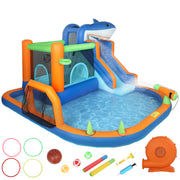 Kids Inflatable Bouncy Castle with Water Slide and Ball Pit for Garden Play Blue Orange AOSOM