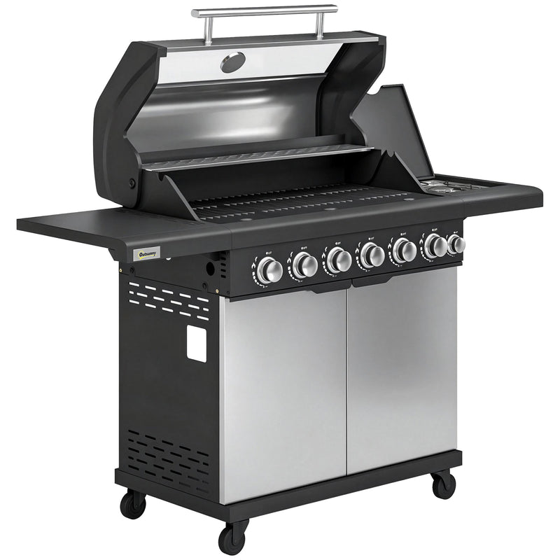 6 Burner Gas BBQ Grill With Side Burner for Easy Outdoor Cooking and Entertaining in the Garden Silver Tone Outsunny