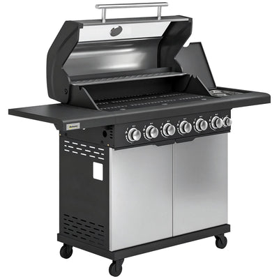 6 Burner Gas BBQ Grill With Side Burner for Easy Outdoor Cooking and Entertaining in the Garden Silver Tone Outsunny